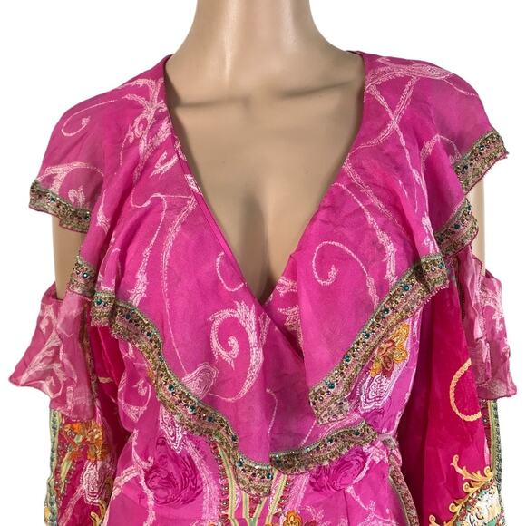 CAMILLA Silk Crystal Embellish Rufle Assym Wrap Dress Rainbow Rhythm Luxury Rare - Picture 5 of 16